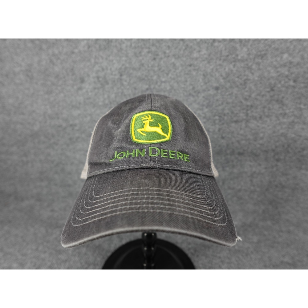 John Deere Trucker Hat Mens OSFM Gray Snapback Mesh Logo Cap Distressed EST 1837